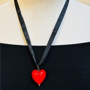 Vibrant Red Heart Necklace with Black Ribbon